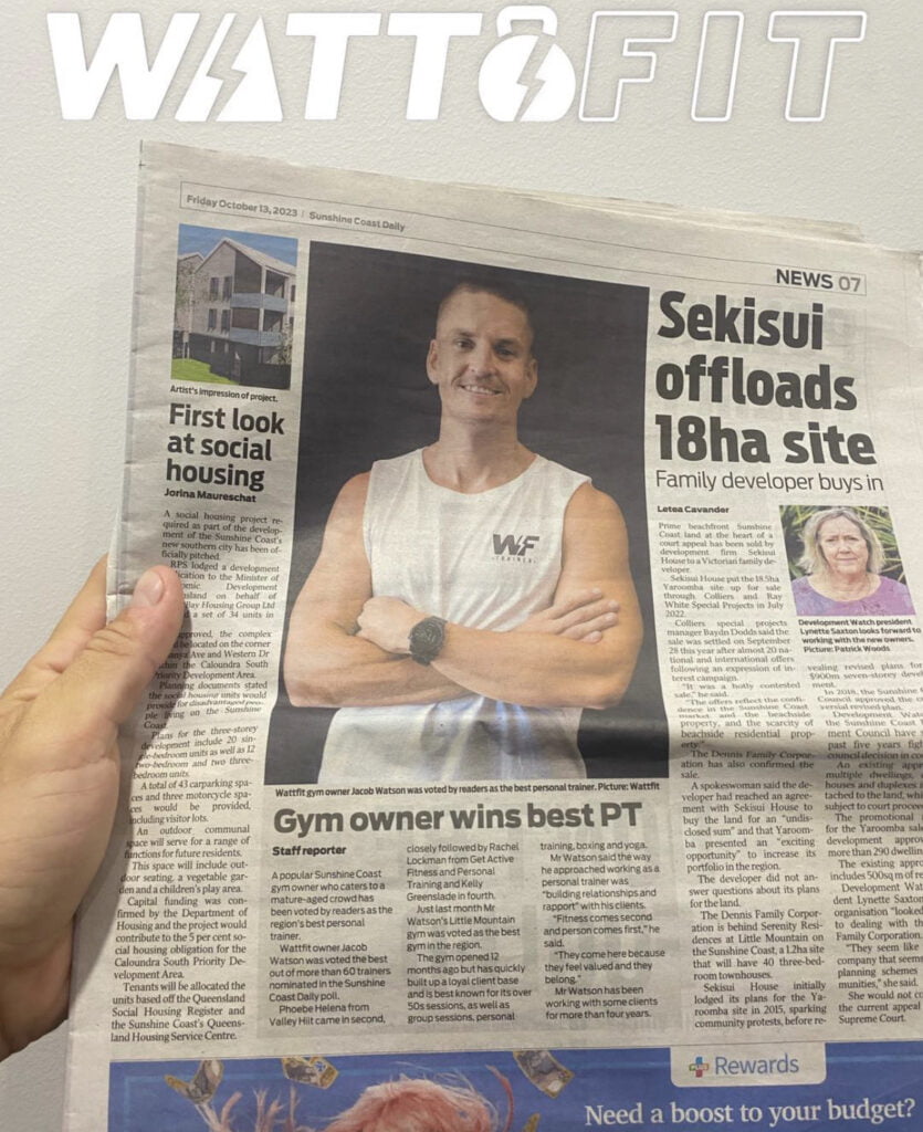 Newspaper article of Jacob watson being named the best PT on the Sunshine Coast