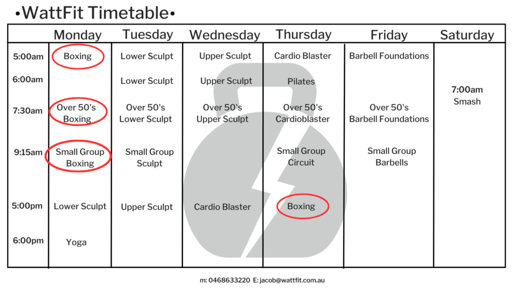 WattFit Boxing Timetable